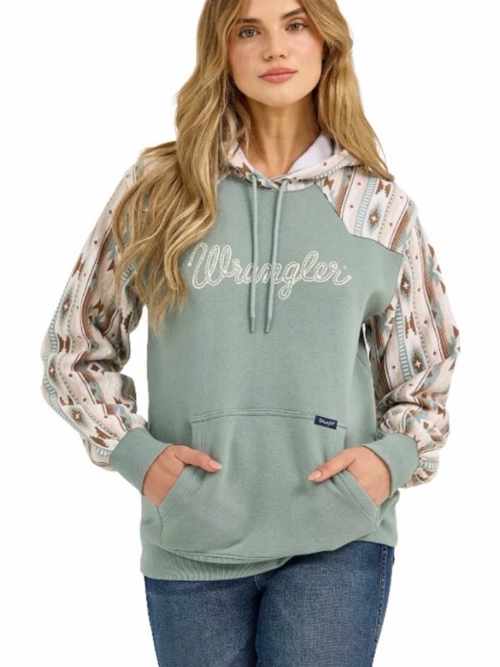 Wrangler Women's Retro Aztec Western Green Pullover Hoodie, Sage Green